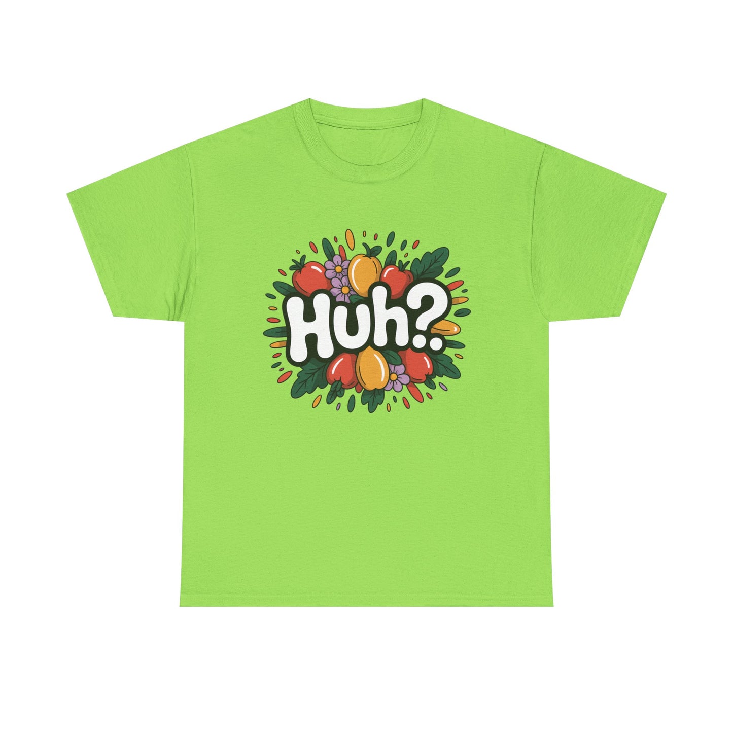 Huh? Color Splash T-Shirt — Fun Graphic Tee with Playful Text