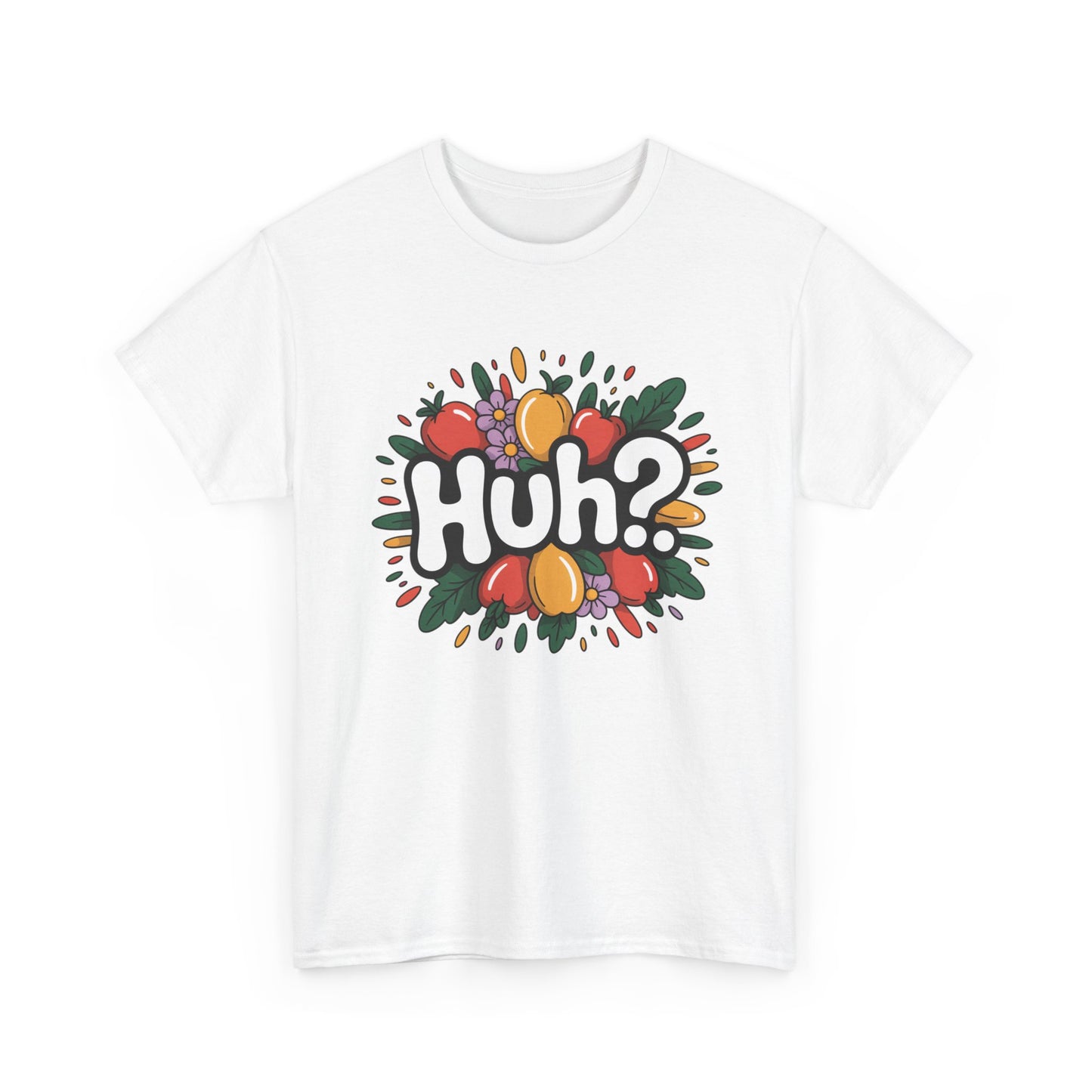 Huh? Color Splash T-Shirt — Fun Graphic Tee with Playful Text